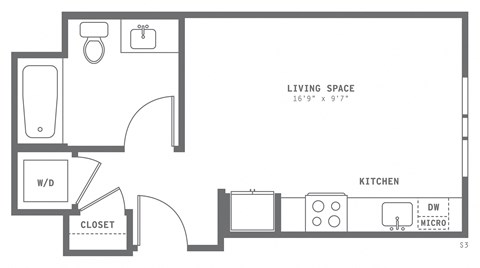 Floor plan for studio, 1 bath, 419 sqft